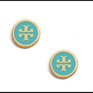Tory Burch logo gold blue earrings